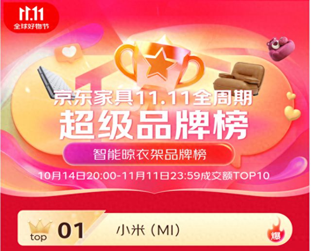 前三 米家智能晾衣机双11京东成交额TOP1凯发k8国际首页登录6大单品上榜 包